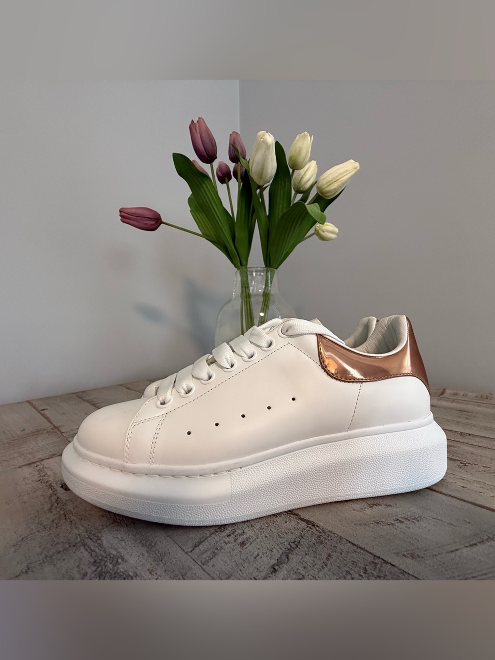 Like New Alexander McQueen White Sneakers with Rose Gold Heel Tab Size 8.5